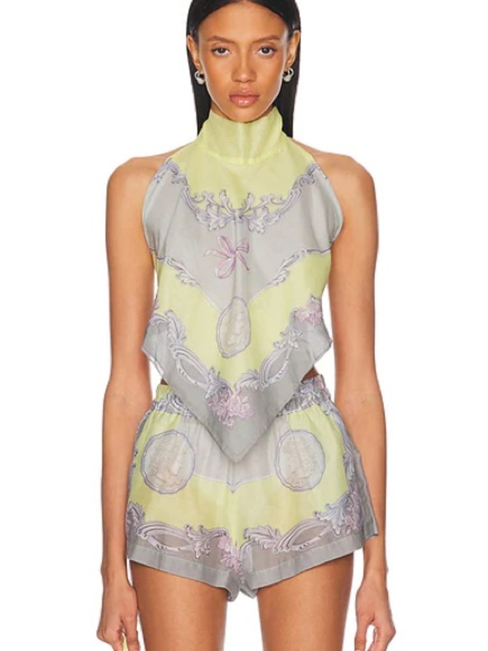 Versace Silk Scarf Print Halter Top & Short Set - Yellow Gray